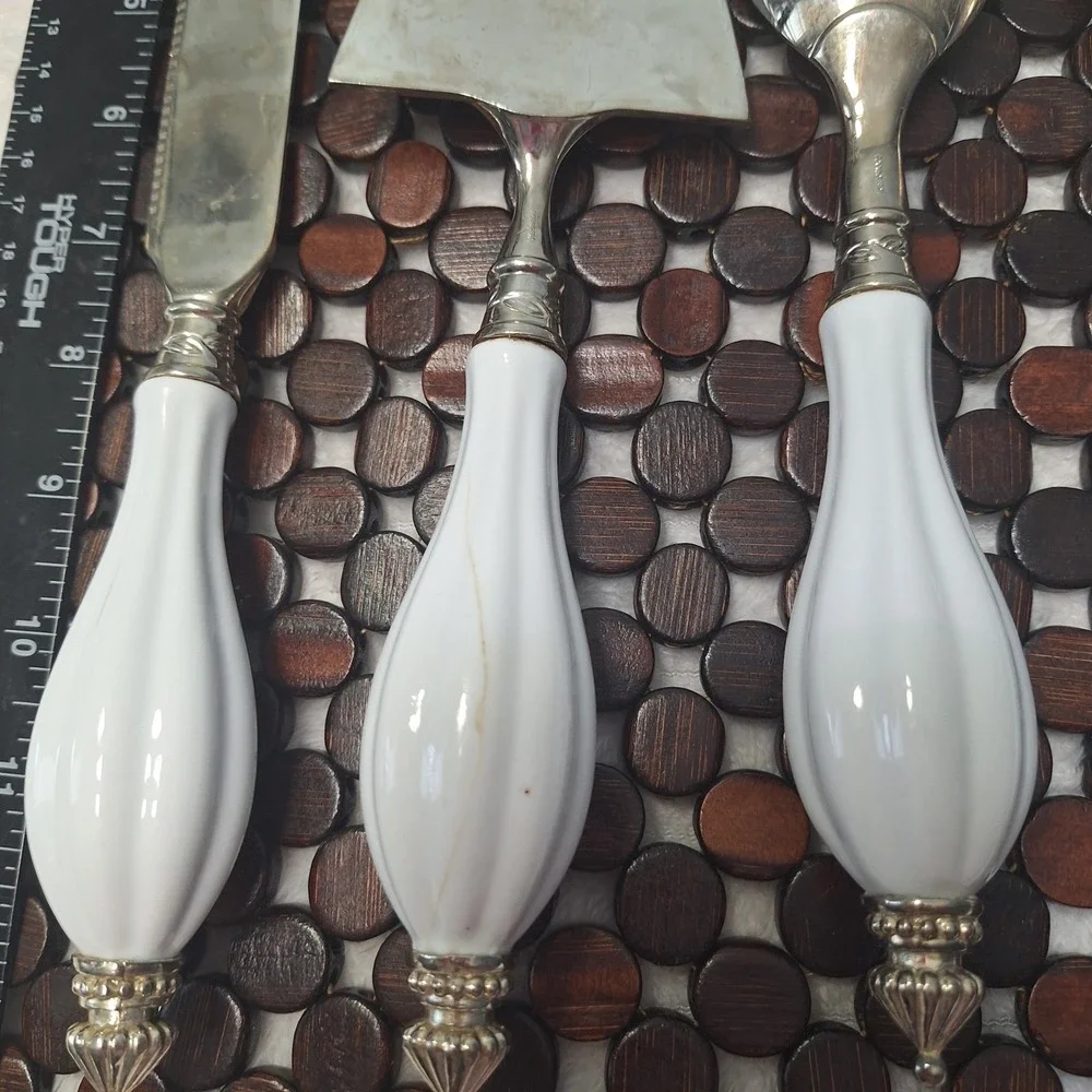 5 Pc Set Elegant Godinger Silver Plate Serving Set Porcelain Handle Victorian
